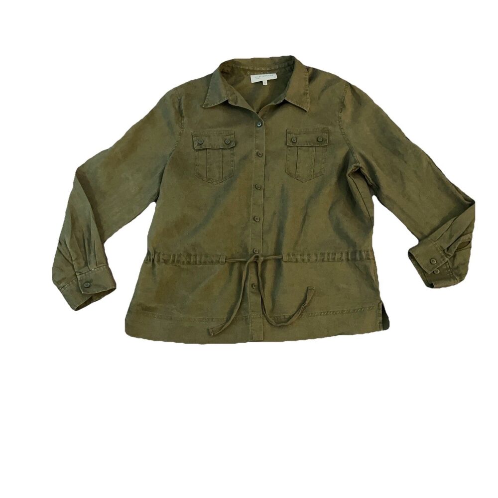 Jones New York 100 % Linen Shacket Large Drawstring Utility Safari
